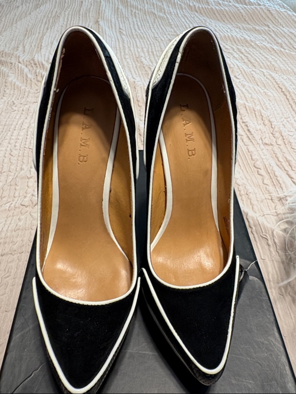 L.A.M.B. Black Pointed Pumps with White Trim